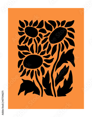 Abstract flowers, interior poster design. Floral wall art. Modern black plant...