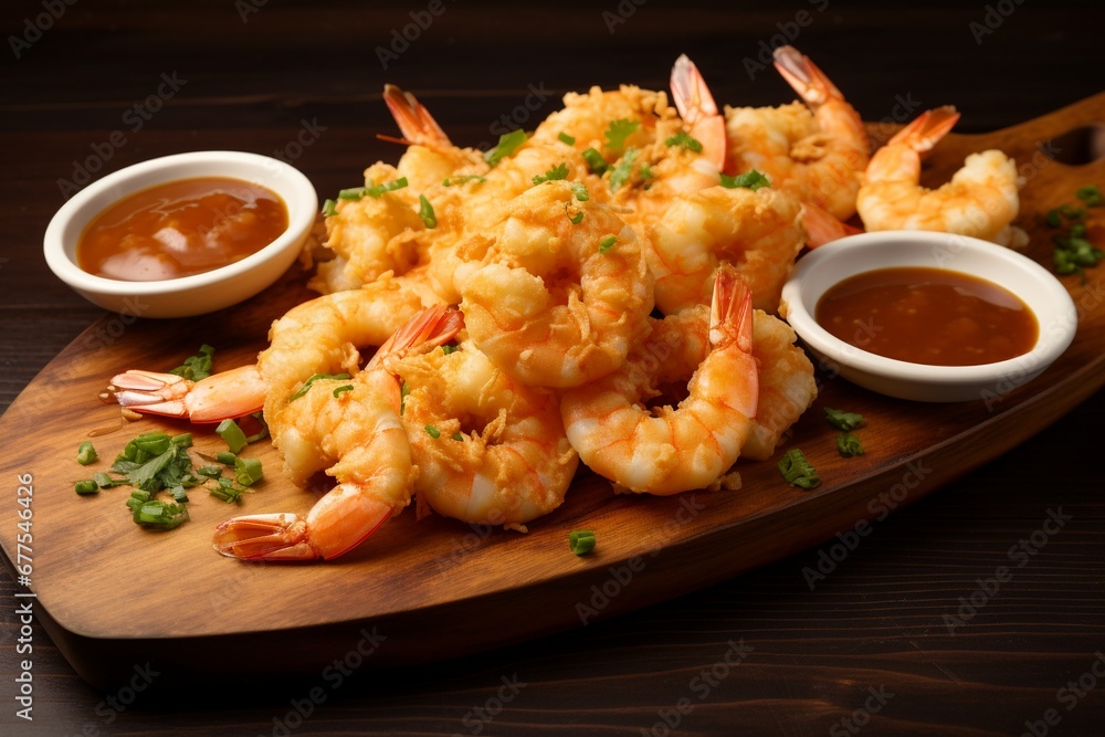 Tempura Delight: Crispy Shrimp on Serving Board with Dipping Sauce Tempura Delight: Crispy Shrimp on Serving Board with Dipping Sauce