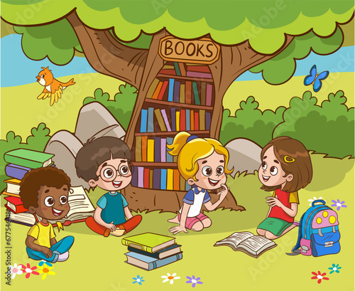 Book reader, cute woodland life and back to school classy vector scene.Books day, outdoor library for smart animals and children.