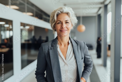 Portrait of a professional woman in a suit. Mature business woman standing in an office. Ceo corporate leader, female lawyer or leader manager wearing suit standing arms crossed in office.