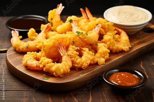 Tempura Delight: Crispy Shrimp on Serving Board with Dipping Sauce