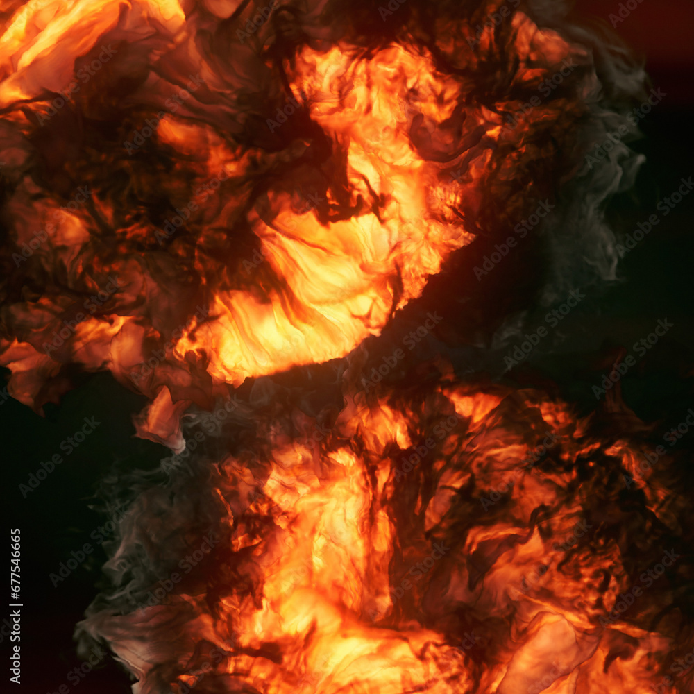 Bright intertwining flames with swirls of black smoke. 3d rendering digital illustration