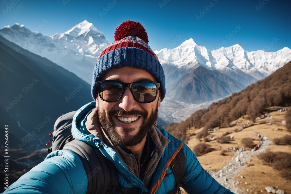 Ein junger hübscher Mann macht ein Selfie von sich. Er trägt Outdoorkleidung eine Kopfbedeckung und eine Sonnenbrille. Im Hintergrund sind schneebedeckte Berge und Gletscher. - obrazy, fototapety, plakaty 