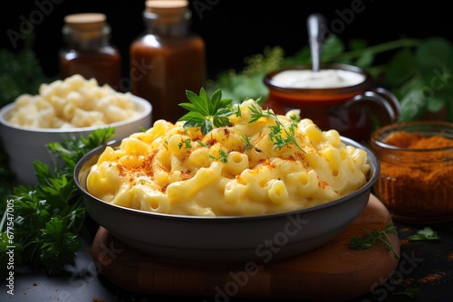 Mac and cheese in a white pan on kitchen background