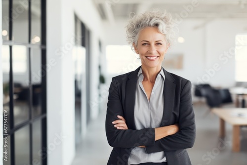 Portrait of a professional woman in a suit. Mature business woman standing in an office. Ceo corporate leader, female lawyer or leader manager wearing suit standing arms crossed in office.