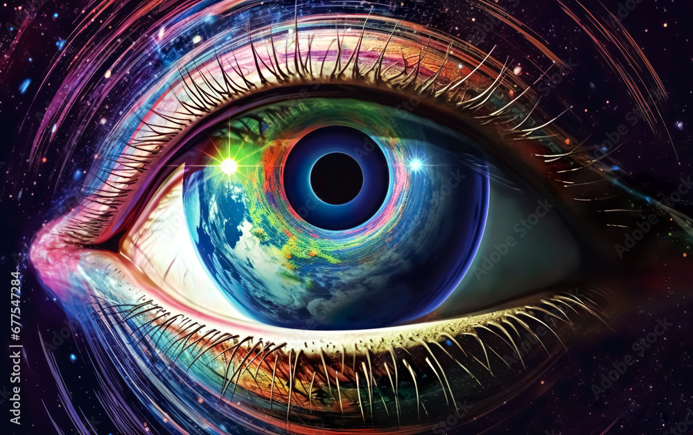 Obraz premium Miracle fantasy space with planet eye or earth.universe and space environmental system concepts.surrealism painting of god looking for human soul.