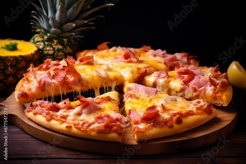 Tropical Temptation: Hawaiian Pizza with Ham, Pineapple, and Cheese Pull photo