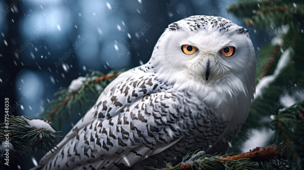Snowy Owl, Bubo Scandiacus, perched on a post making eye contact with piercing yellow eyes. Light snowfall Snowy Owl, Bubo Scandiacus, perched on a post making eye contact with piercing yellow eyes. Light snowfall