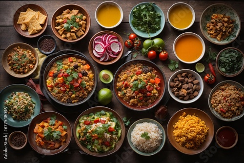 set of various plates of food on background, top view © liliyabatyrova