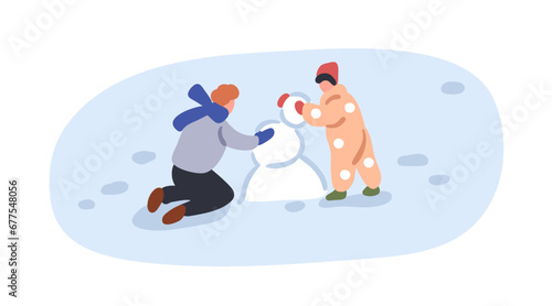 Children building snowman on winter holidays, vacation. Kids making snow man ...