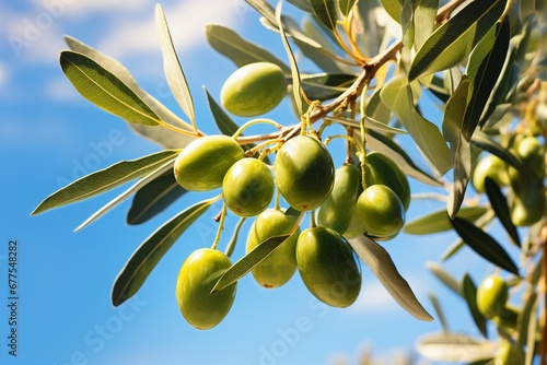 Mediterranean Bliss: Olive Tree Brunch Featuring Ripe Olives and Sunlit Leaves, Set Against the Backdrop of a Lush Orchard on a Sunny Day