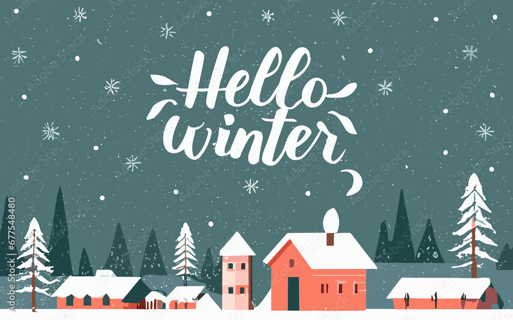 Happy Winter background. Hello Winter season. Cartoon Vector illustration Template for Poster, Banner, Greeting, Card, Flyer, Cover, Sale, Promotion.