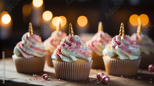 birthday cupcake with candles HD 8K wallpaper Stock Photographic Image © AA