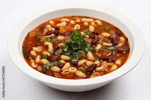 Hearty Comfort: Pasta Fagioli Soup Nestled in a White Bowl, Garnished with Fresh Herbs for a Wholesome and Flavorful Delight