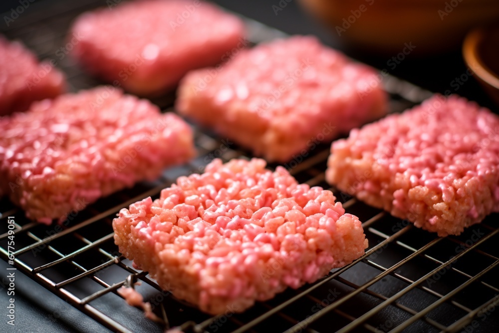 Sweet Love in Every Bite: Pink Heart-Shaped Rice Krispie Treats Perched on a Cooling Rack, a Delightful Confection for Special Moments