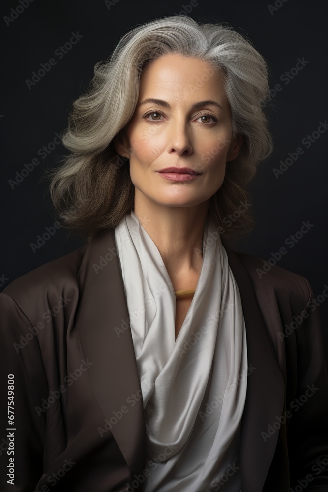 Elegant senior woman with gray hair and a ruffled white collar on a dark background.