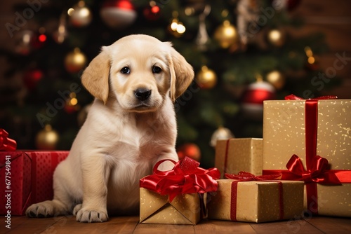 Furry Festivities: Adorable Labrador Puppy Basks in the Glow of the Christmas Tree, Capturing the Joy of Puppies Celebrating Christmas