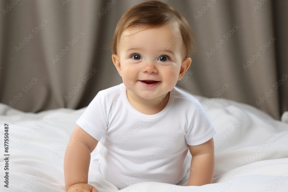 Baby wearing white shirt bodysuit for mock up. at white bed. Baby wearing white shirt bodysuit for mock up. at white bed.