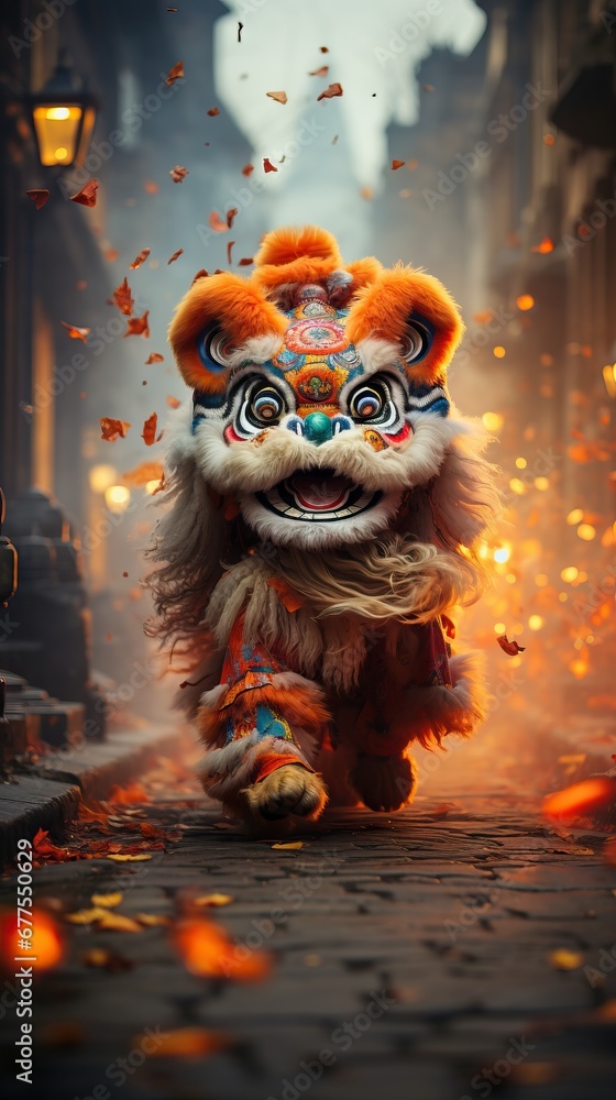 Vibrant Chinese lion dance depiction with flying leaves in an atmospheric alley