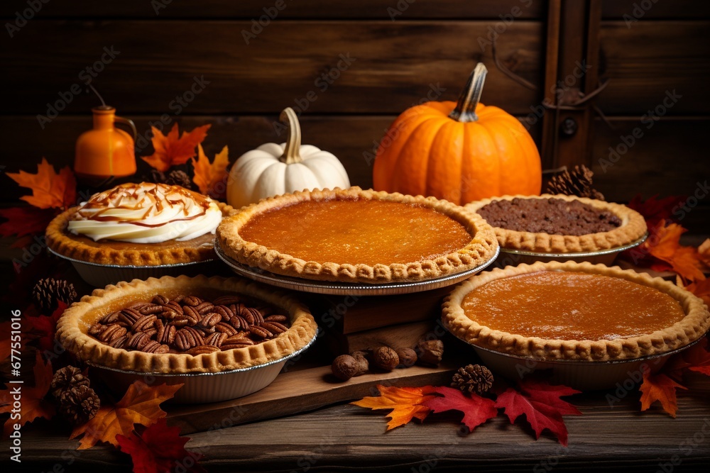 Harvest's Finest: Traditional Thanksgiving Pies Adorned with Pumpkin Pie Taking Center Stage, a Sweet Medley of Holiday Delights