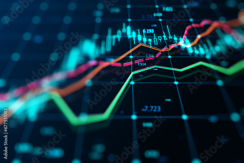 Abstract Stock Market Analysis Interface on Blue Background. 3D Rendering photo