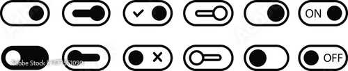 Black On and Off toggle switch buttons Icons Set. Open and Close, Active and Inactive vectors. Material design switch buttons isolated on transparent background. Setting control toggle design.