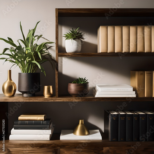 Bright light shines on the brown solid wood bookshelf in a luxurious style, neatly arranged with some books, gold decorations, and cups, in a minimalist style
