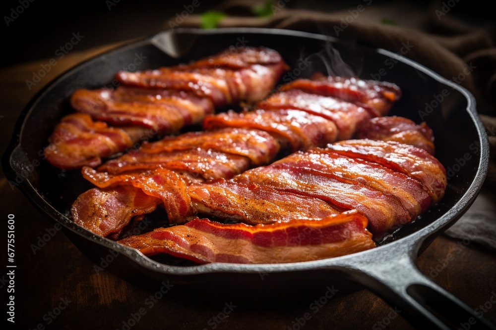 Sizzling Perfection: Turkey Bacon Expertly Cooked in a Cast Iron Pan, a Healthier Twist on a Classic Breakfast Delight