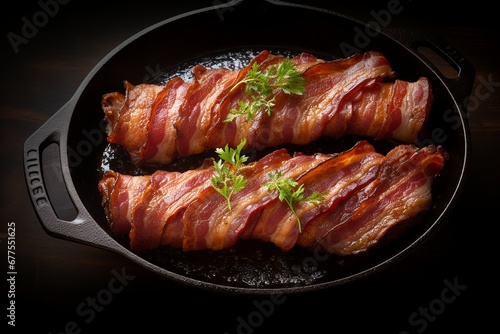 Sizzling Perfection: Turkey Bacon Expertly Cooked in a Cast Iron Pan, a Healthier Twist on a Classic Breakfast Delight