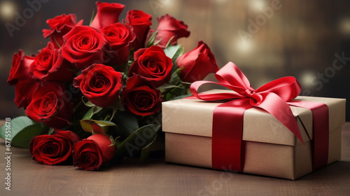 gift and red roses for a loved one