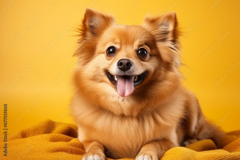 Close-up portrait of a cute fluffy Pomeranian spitz lying on soft yellow blanket. Cute adorable red dog with devoted look and funny pink tongue hanging out. Yellow studio background, copy space.