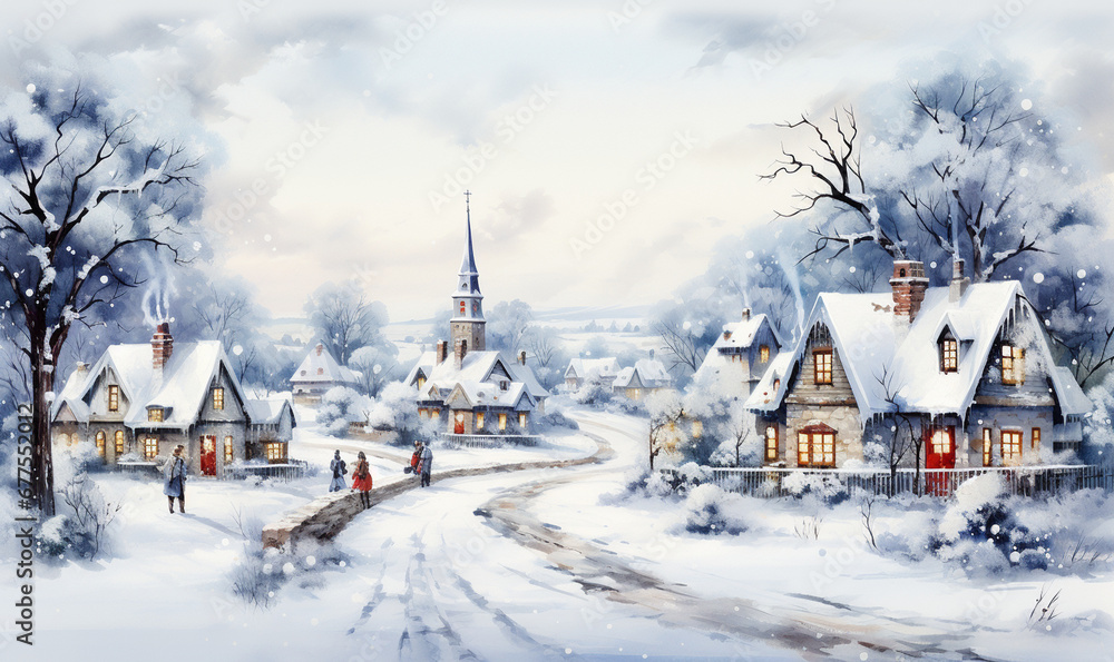 Fototapeta premium Christmas card illustration vintage style, oil pastel hand-painted style, village with people celebrating Christmas on a snowy day