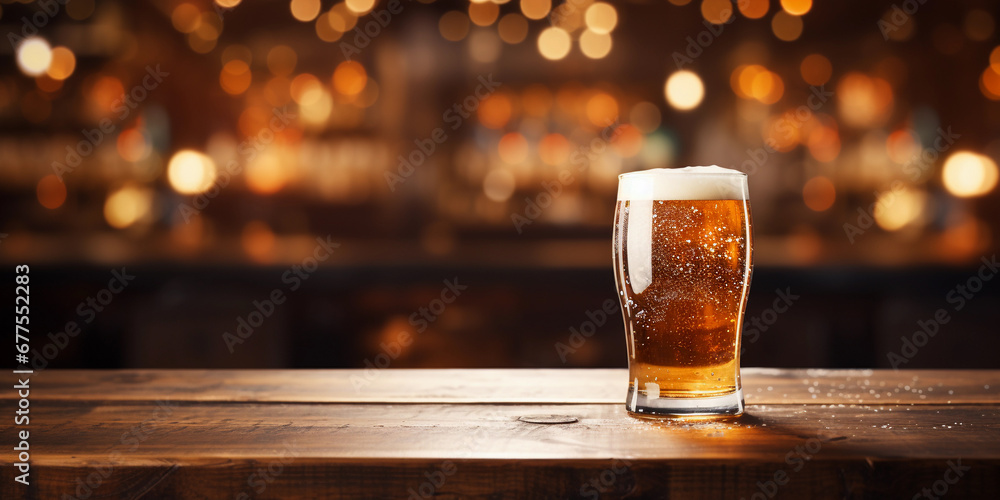 chilled beer in a glass glass on a wooden tabletop against a blurred bar background - obrazy, fototapety, plakaty 