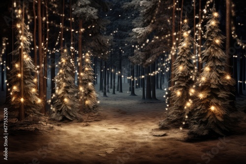 Magical Forest With Christmas Trees And Glowing Lights