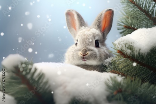 Little Bunny As Santa Claus On Snowy Christmas Tree Background