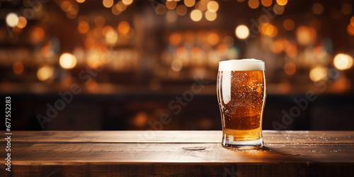 chilled beer in a glass glass on a wooden tabletop against a blurred bar background photo