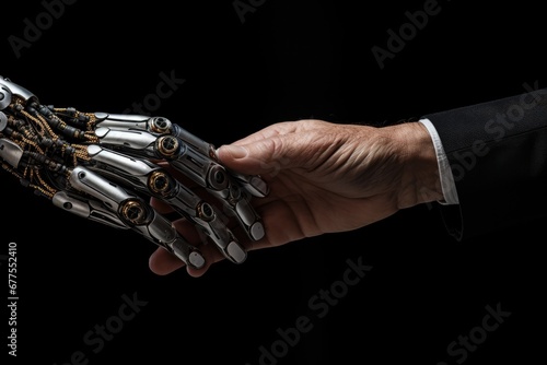 Handshake Of Robot And Human Hands Close-Up On Black Background