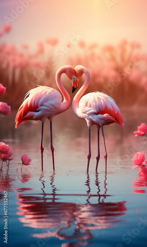 cute flamingo lovers on pink background  valentines day concept