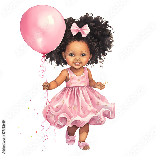Cute Birthday Baby Girl African American Watercolor Clipart Illustration