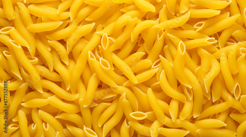 Top view photo of raw yellow pasta noodles. Food background