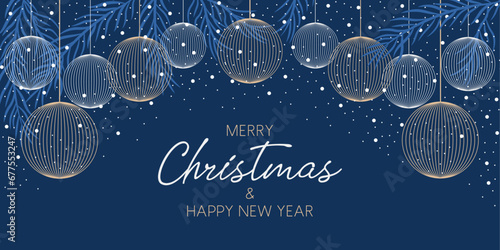 Merry Christmas and Happy new year card with decoration hanging balls,  fir tree branches, snowflakes. Vector illustration