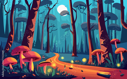 Night forest landscape with trees and road, glowworms and mushrooms shining in darkness. Wild wood fantasy background, dark mysterious place with plants under moonlight, Cartoon vector illustration © MdAbdullah