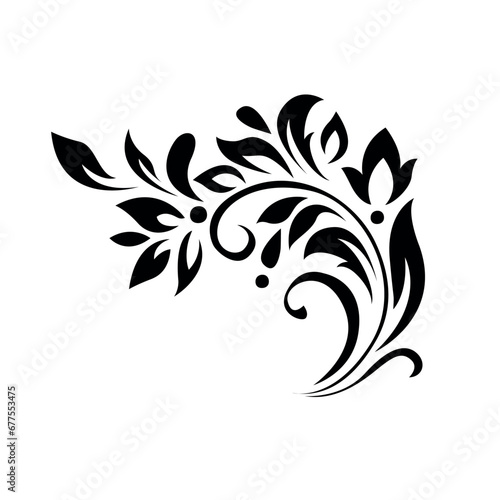 Abstract pattern, decorative element, clip art with stylized leaves, flowers and curls in black lines on white background. Corner ornament
