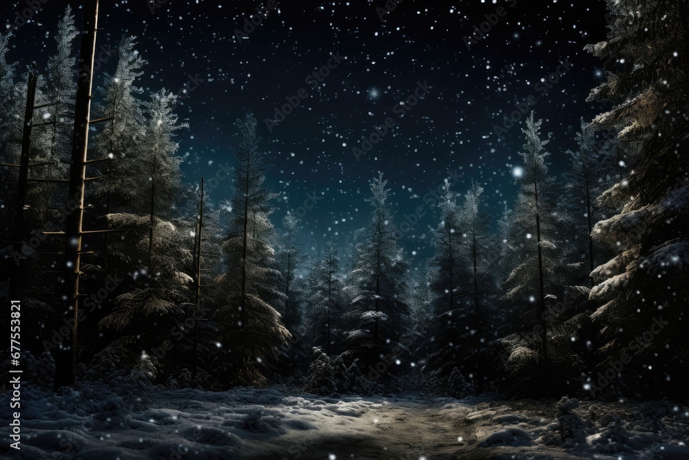 Snow Falling In Dark Forest With Lights And Stars. Сoncept Winter Wonderland, Enchanted Forest, Snowy Starry Night, Magical Winter Photoshoot, Woodland Winter Extravaganza
