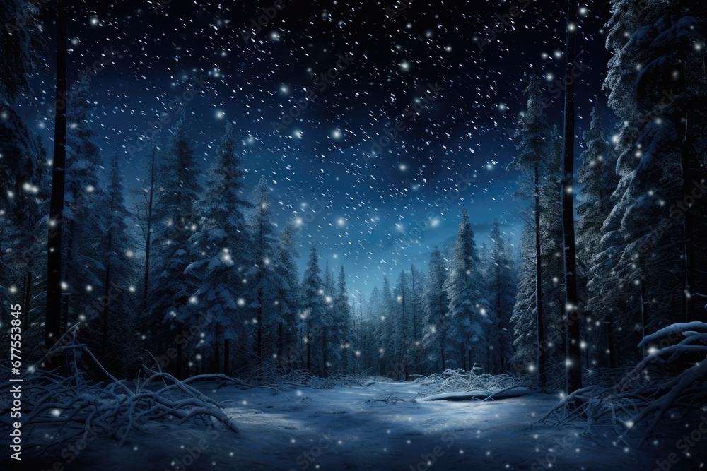 Snow Falling In Dark Forest With Lights And Stars