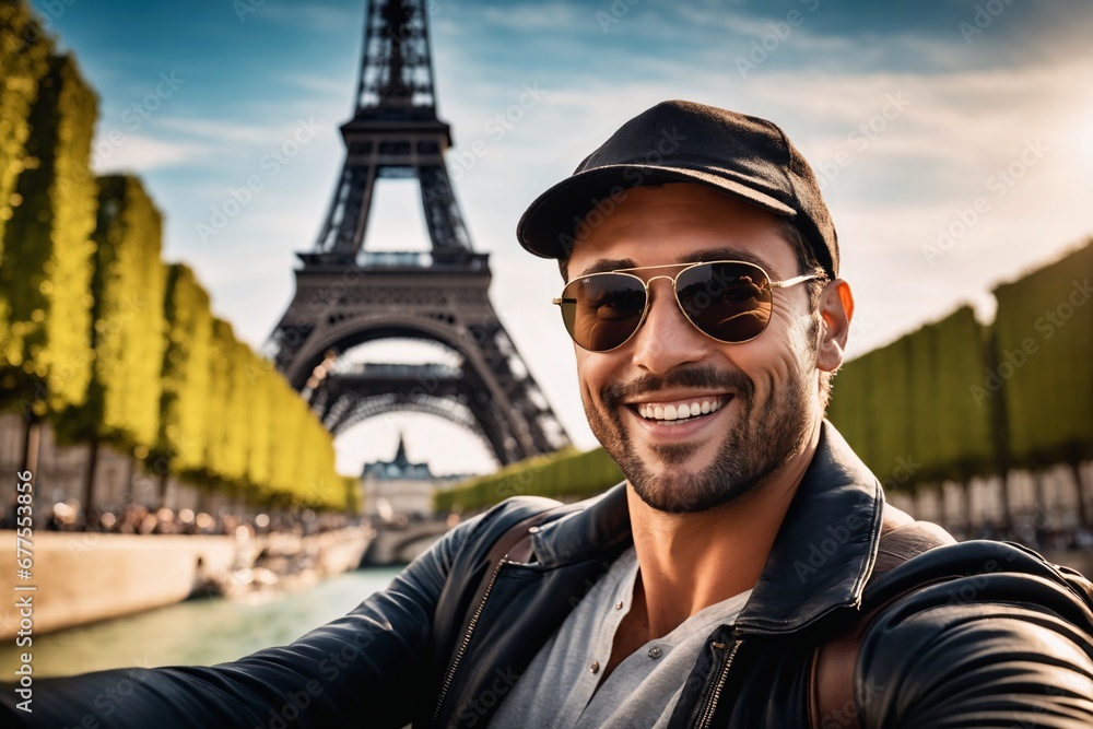 "Ein junger hübscher Mann macht ein Selfie von sich. Er trägt Freizeitkleidung eine Kopfbedeckung und eine Sonnenbrille. Im Hintergrund ist Paris und der Eifelturm. - obrazy, fototapety, plakaty 