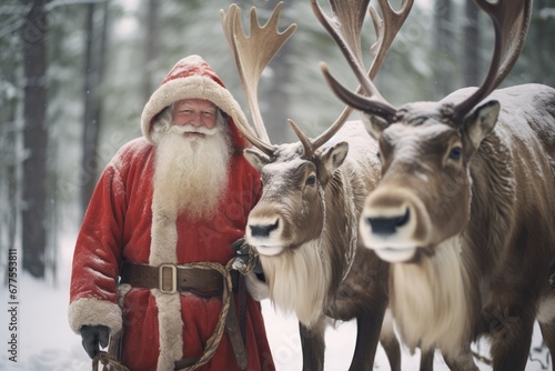 Santa Claus On Farm, Tending To His Herd Of Magical Reindeer photo
