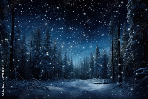 Snow Falling In Dark Forest With Lights And Stars © Anastasiia