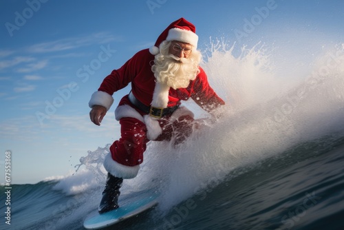 Santa Claus Surfing Wave During Christmas. Сoncept Winter Wonderland Photoshoot, Festive Holiday Decor, Cozy Indoor Portraits, Snowy Outdoor Adventure, Magical Christmas Props