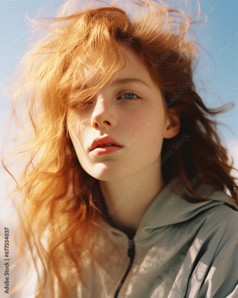 Fototapeta premium Portrait of young red hair female model looking rays light shadow overlay on her face, calm emotional expression